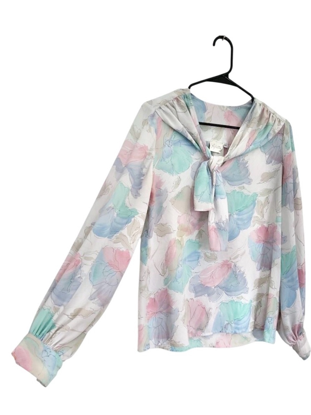 Vintage Pastel M Blouse 1980s flowy tie neck retro top women longsleeve cool
